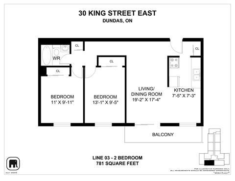 A floor plan for a property at 30 King Street East shows two bedrooms, a living/dining area, a kitchen, and a balcony.